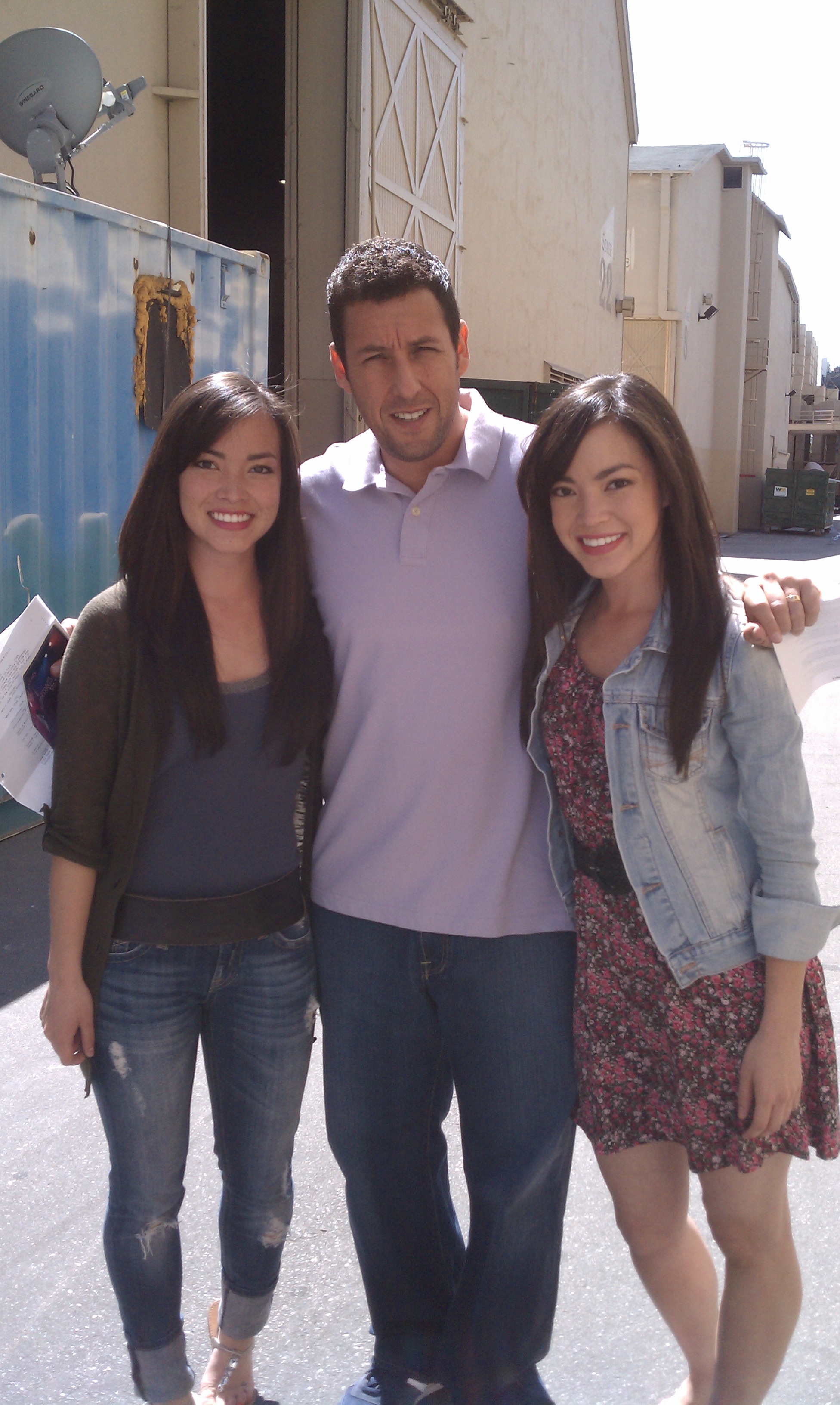 Kellie Cockrell, Adam Sandler, and Katie Cockrell on set filming Jack & Jill.