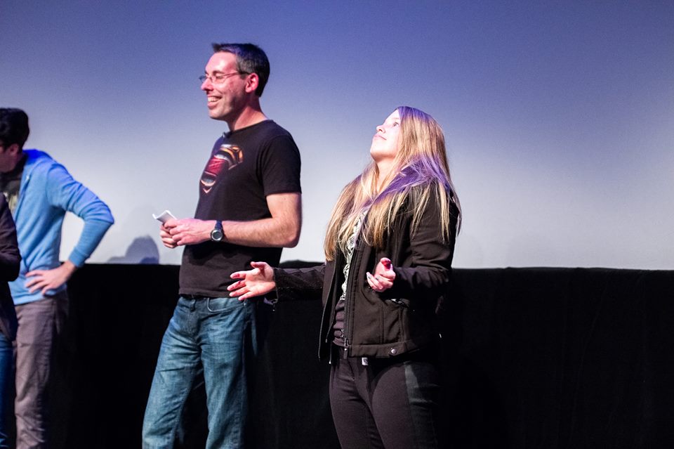 Nicole Wright attempting a Chewbacca impression during Super Geeked Up Live at Vancouver Web Fest 2015.