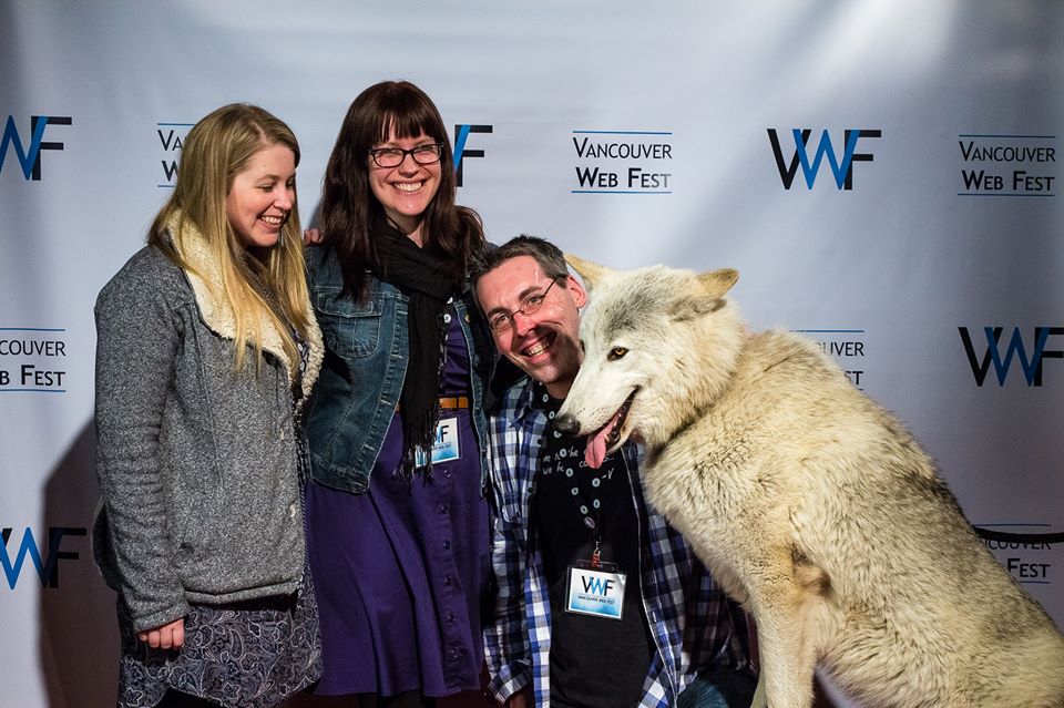 Nicole Wright, Tonya Dodds and Jeff Burns at Vancouver Web Fest 2015 with Damu, the Ambassador Wolf, of Project Wildsong.