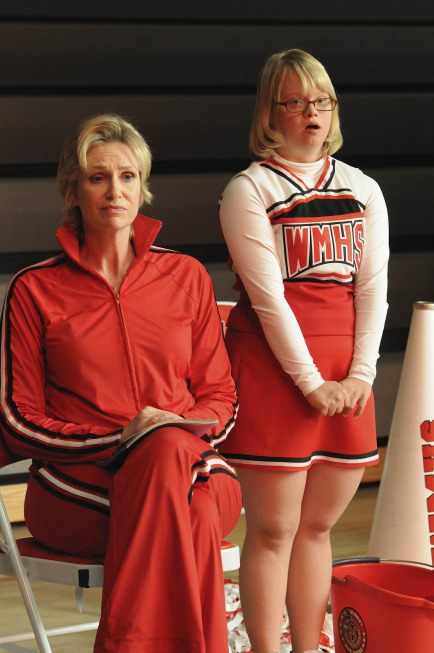 Still of Jane Lynch and Lauren Potter in Glee (2009)
