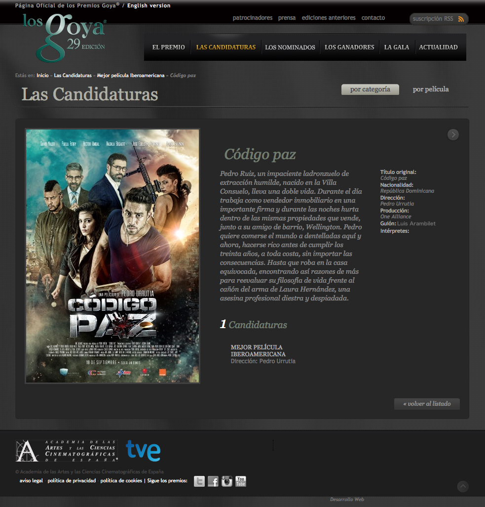 Código Paz (2014). Candidate for Goya Awards 2015.