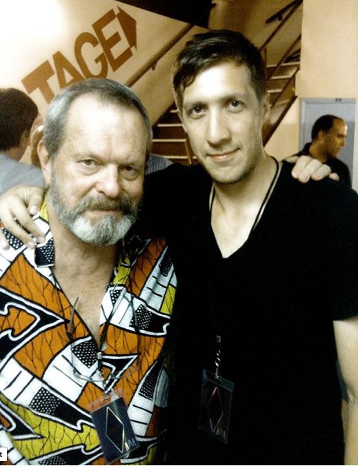 Matthew Akers with Terry Gilliam during a shoot for the band Arcade Fire