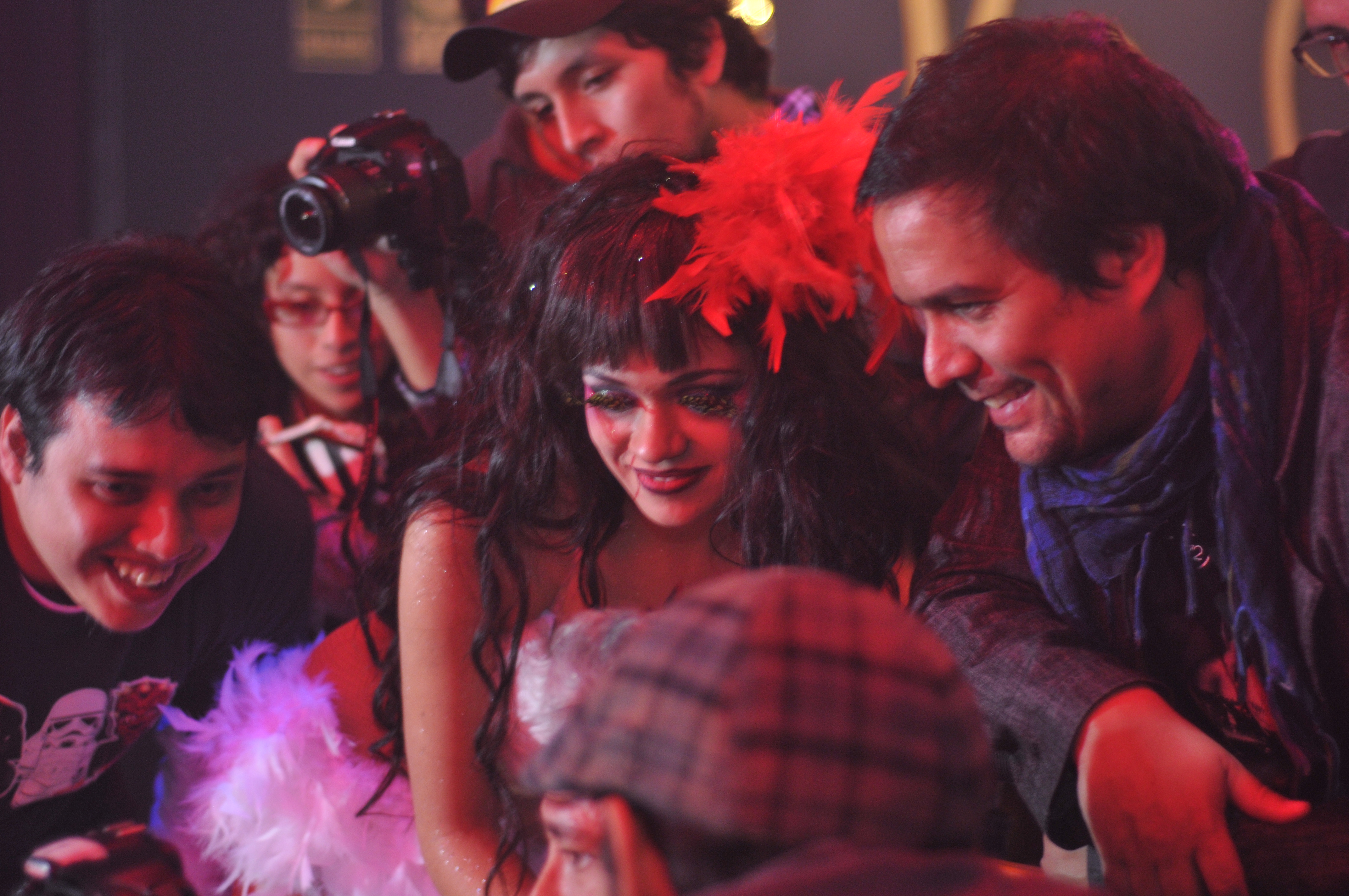 Still of assistant director Rodolfo Zavala, script Claudia Ruiz, cameraman Omar Quezada, actrees Mayra Goñi and screenwriter and director Sandro Ventura in El Buen Pedro.