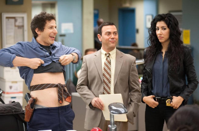 Still of Joe Lo Truglio, Andy Samberg and Stephanie Beatriz in Brooklyn Nine-Nine (2013)