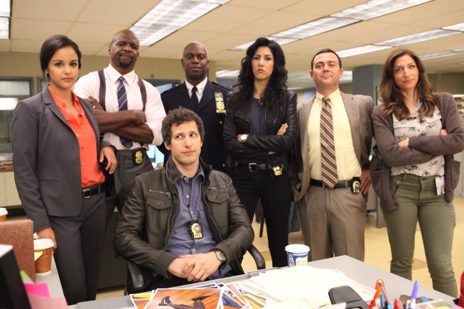 Still of Andre Braugher, Terry Crews, Melissa Fumero, Joe Lo Truglio, Andy Samberg, Chelsea Peretti and Stephanie Beatriz in Brooklyn Nine-Nine (2013)