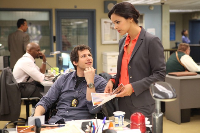 Still of Melissa Fumero and Andy Samberg in Brooklyn Nine-Nine (2013)