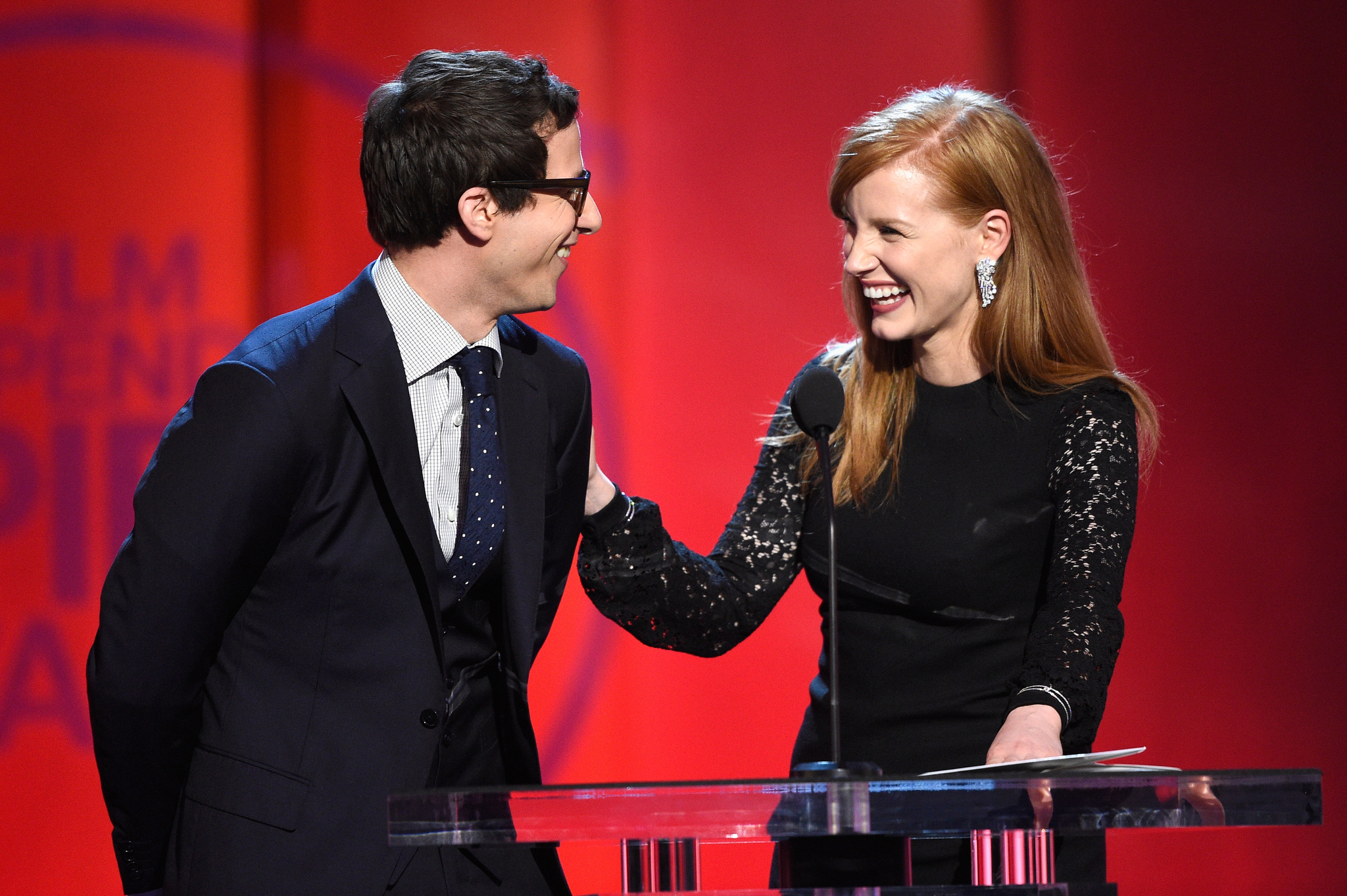 Jessica Chastain and Andy Samberg at event of 30th Annual Film Independent Spirit Awards (2015)
