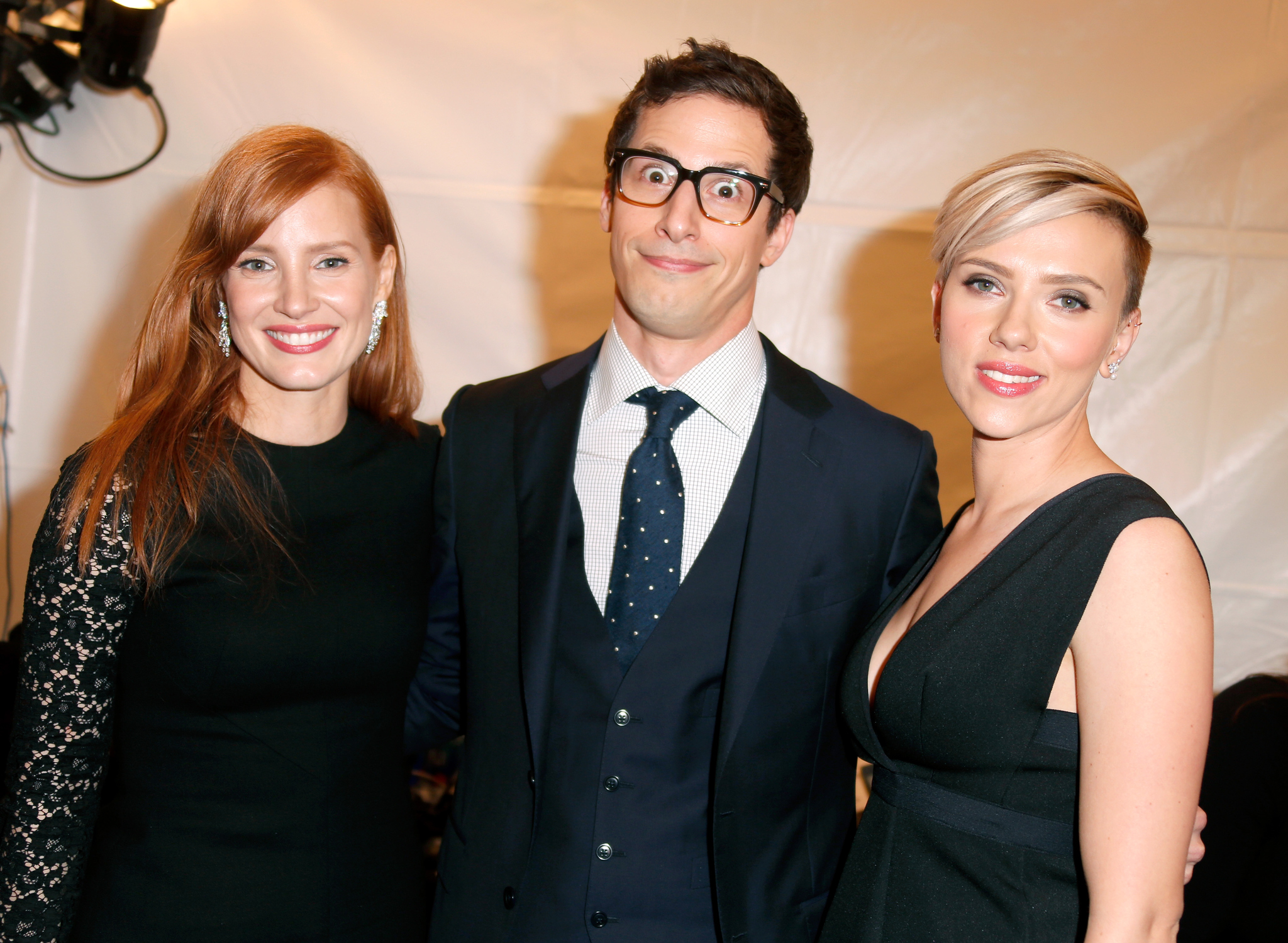 Scarlett Johansson, Jessica Chastain and Andy Samberg at event of 30th Annual Film Independent Spirit Awards (2015)