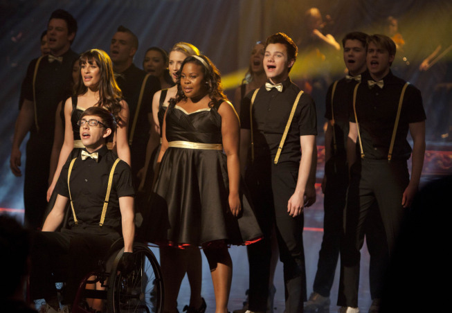 Still of Lea Michele, Kevin McHale, Chris Colfer and Amber Riley in Glee (2009)