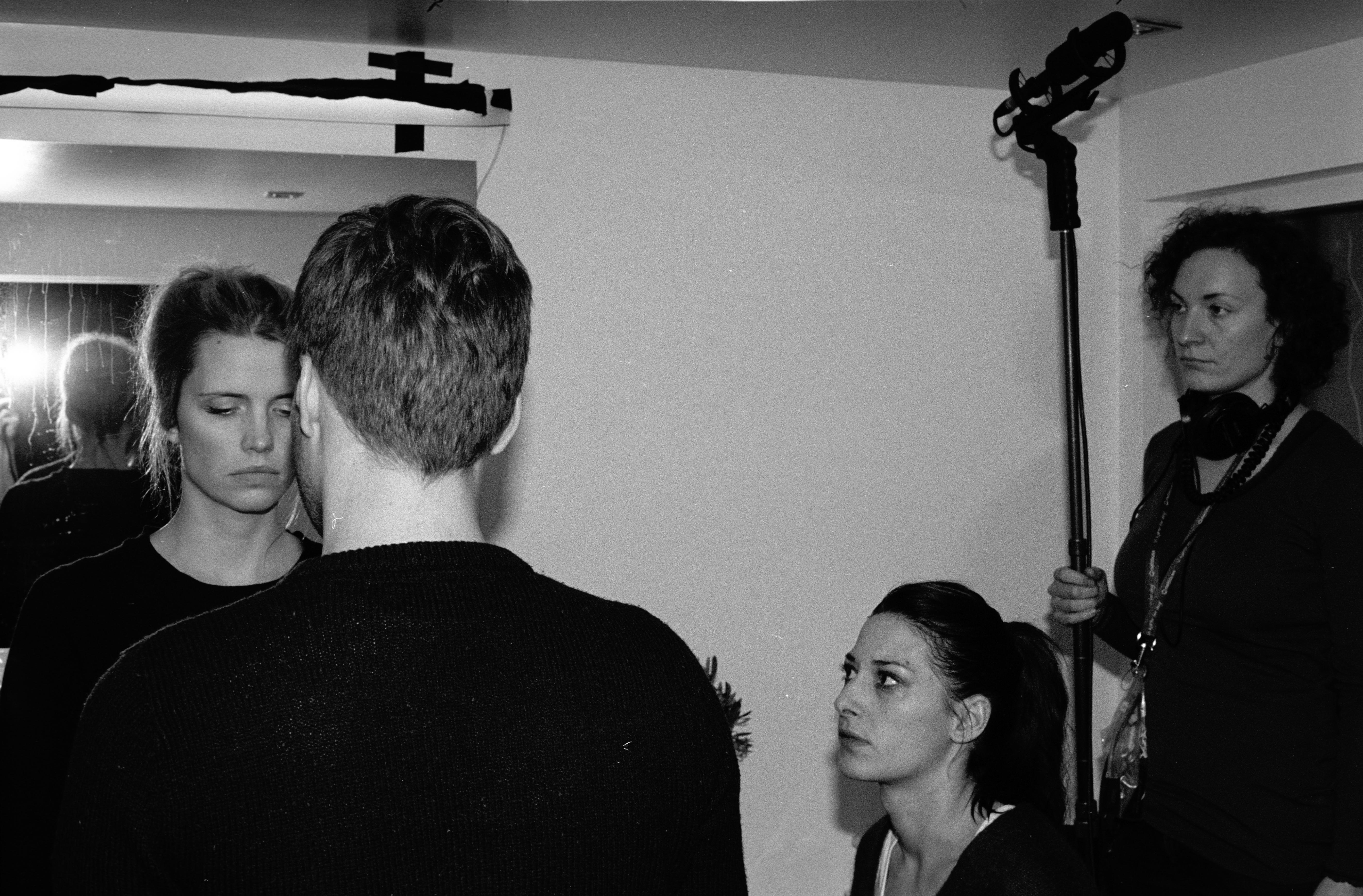 Amnesia set photo Director Nini Bull Robsahm with actors Christian Rubeck and Pia Tjelta