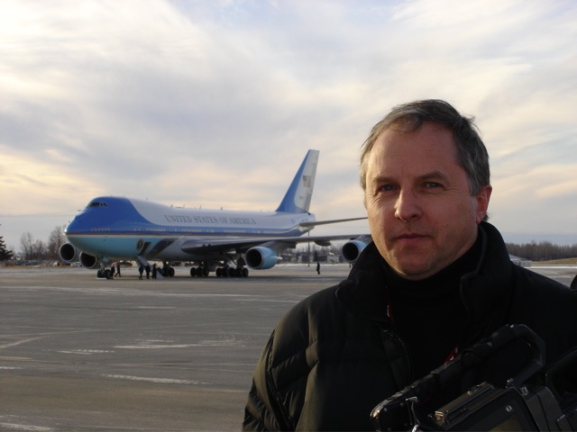 On location in Elmendorf Air Force Base, Alaska. President Bush Air Force One in background. Pool feed for national news.