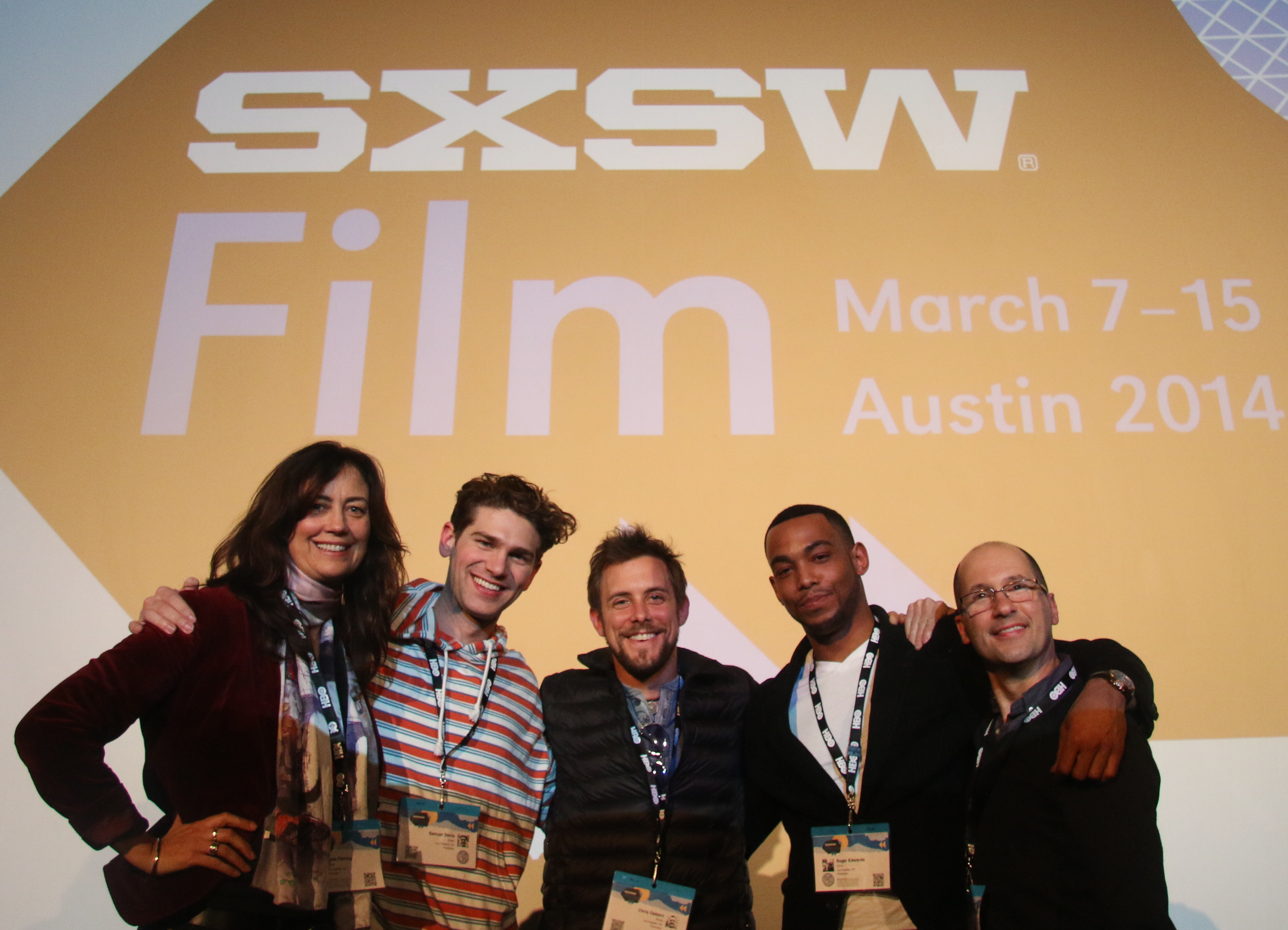 Jane Flemming (Producer), Samuel Davis, Chris Osborn, Roger Edwards and Mark Odesky (Producer) at Exists SXSW World Premiere.