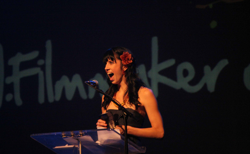 Meg delivering winning speech for RAW Filmmaker of the Year at the 2010 RAWards at the Henry Fonda Music Box.