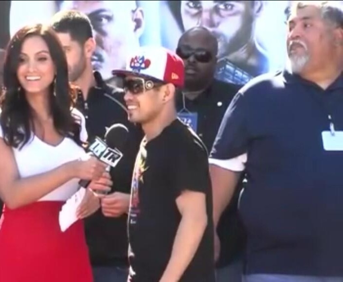 Crystal Marie Denha interviewing Nonito Donaire ahead of weigh-ins in Corpus Christi, Texas
