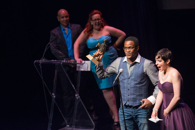 Steffi DiDomenicantonio and Matthew Brown accepting the Dora Award for Outstanding Performance by an Ensemble for 