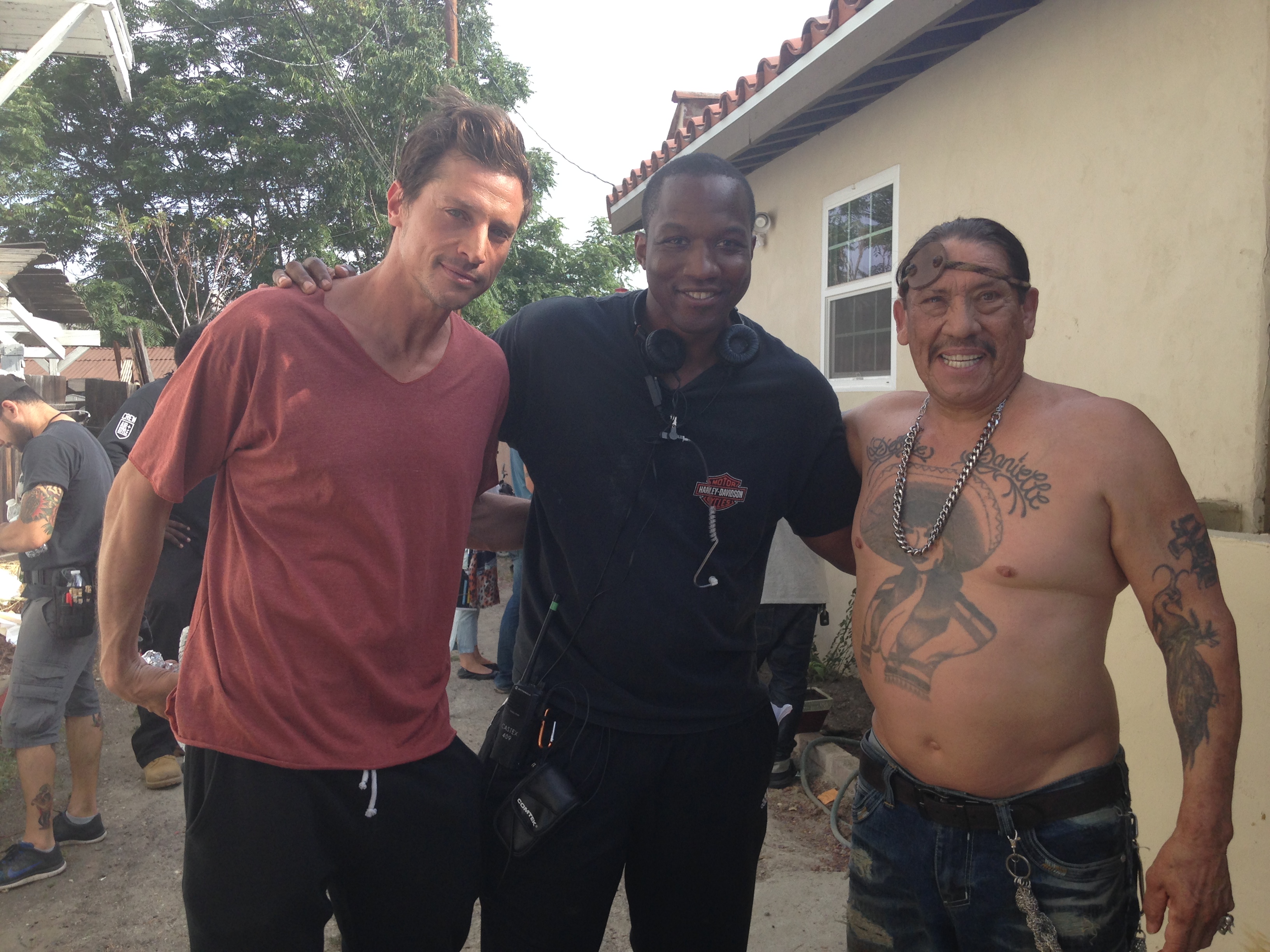 Director LazRael Lison, Actor Simon Rex and Danny Trejo on the set of Holloweed. Day 22