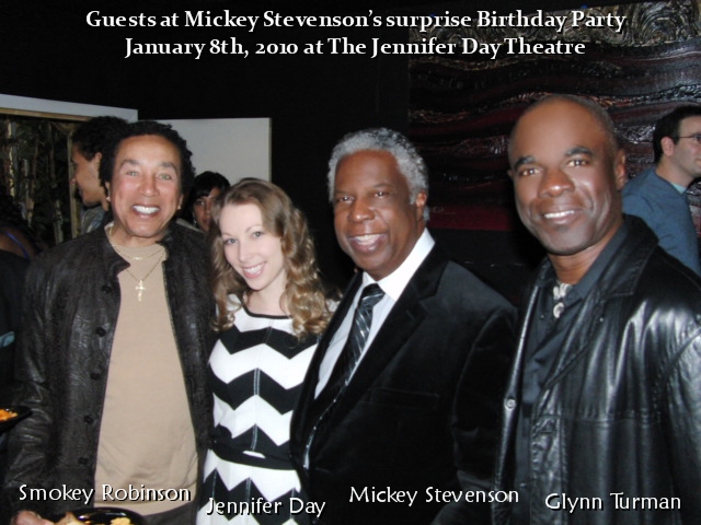 Smokey Robinson, Jennifer Day, Mickey Stevenson, and Glynn Turman celebrate Mickey's birthday at the Jennifer Day Theatre.