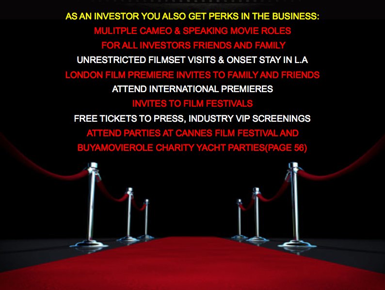 Giving Hedge Fund and wealthy people the chance to star and be a producer in The Bigger Picture Movies. Pls contact tim@buyamovierole.com for shares and details. Celebrity attended and Bono supported BuyaMovieRole Film Charity launches at Cannes Fi