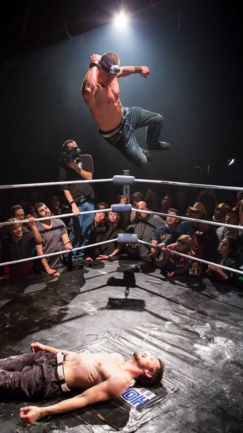 A top-rope elbow drop wearing a GoPro camera at Hoodslam in January, 2014.