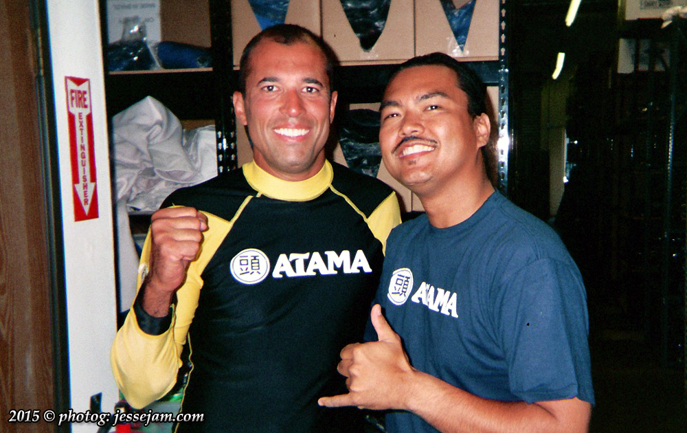 Royce Gracie and Jesse Jam Miranda modeling a catalog shoot for his fashion line 