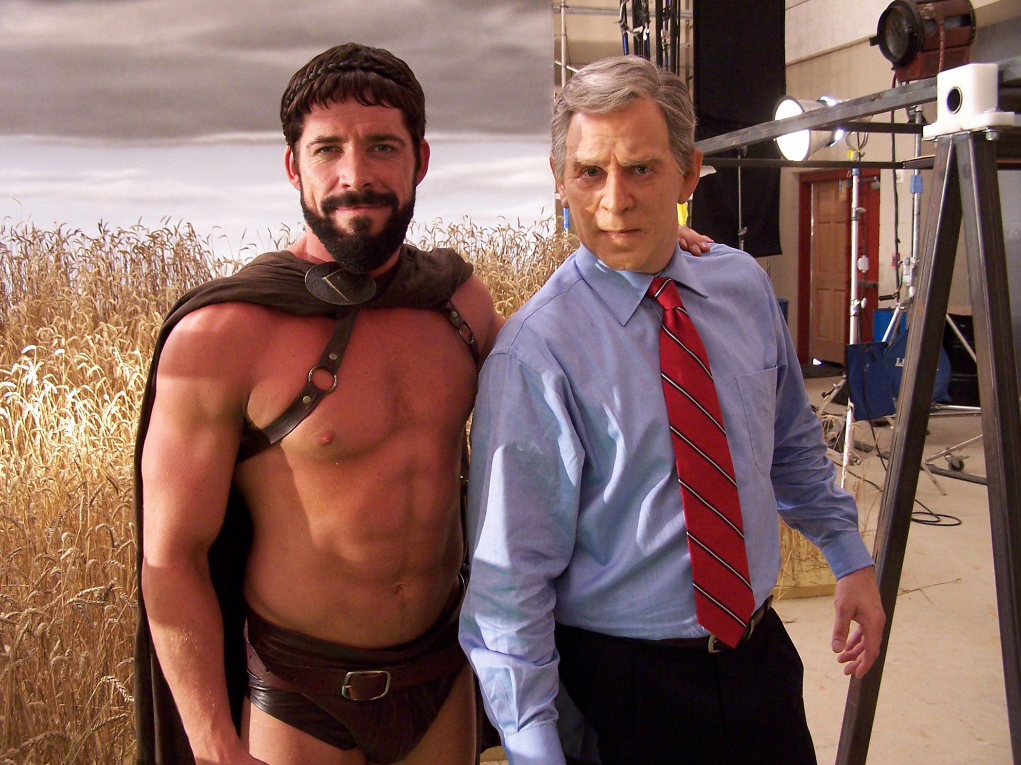 Jim Nieb as George W Bush and Sean Maguire on the set of Meet The Spartans.