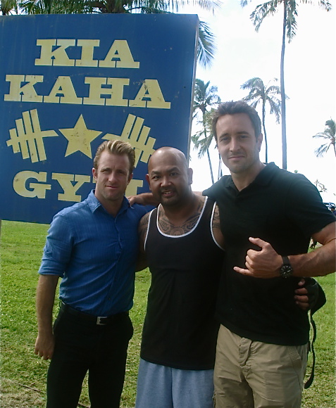 On the set of Hawaii Five-O. Scott Caan, Edwin H. Bravo, Alex O'Laughlin