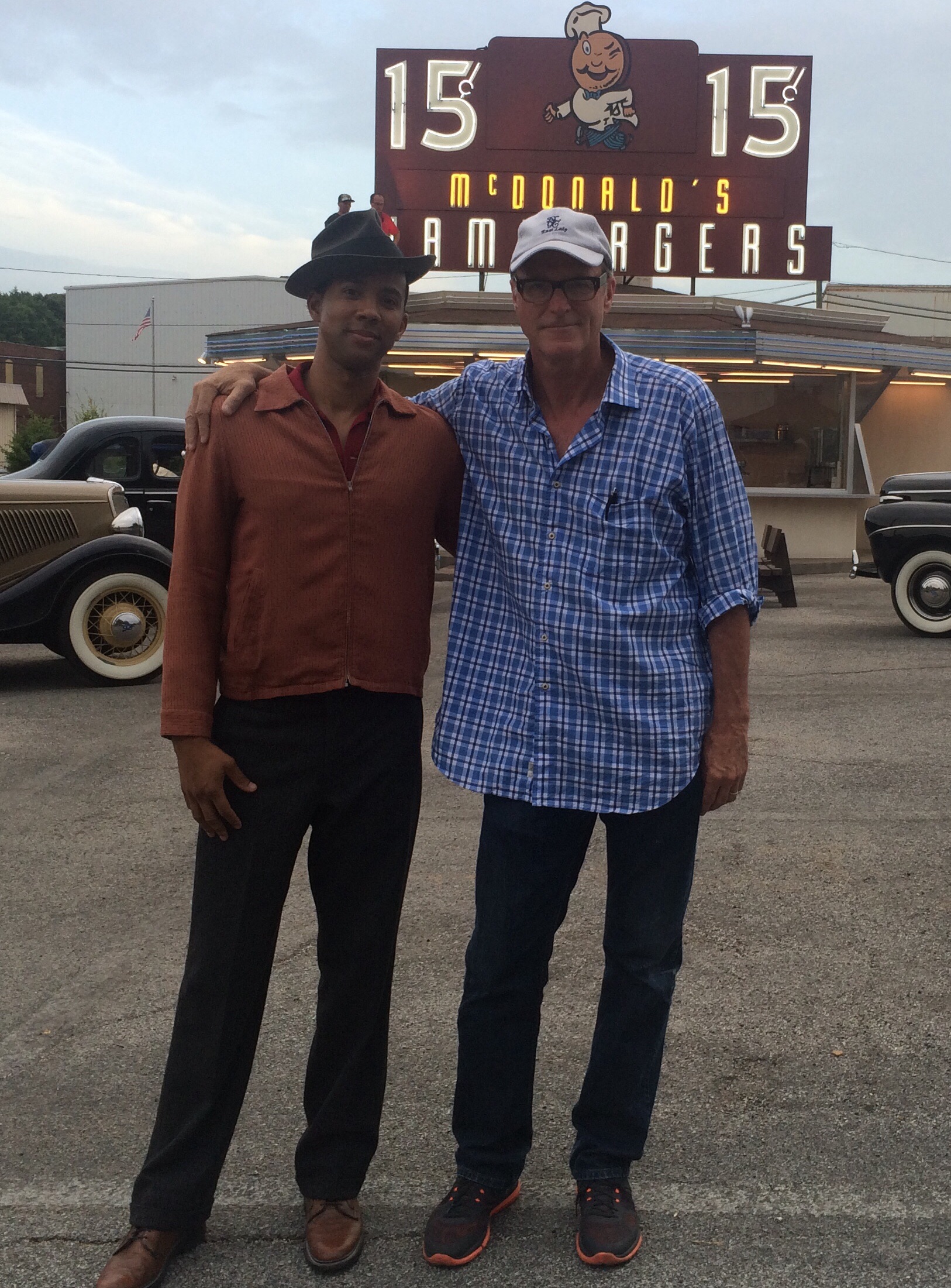 Chris Greene with Director John Lee Hancock on location for the film The Founder