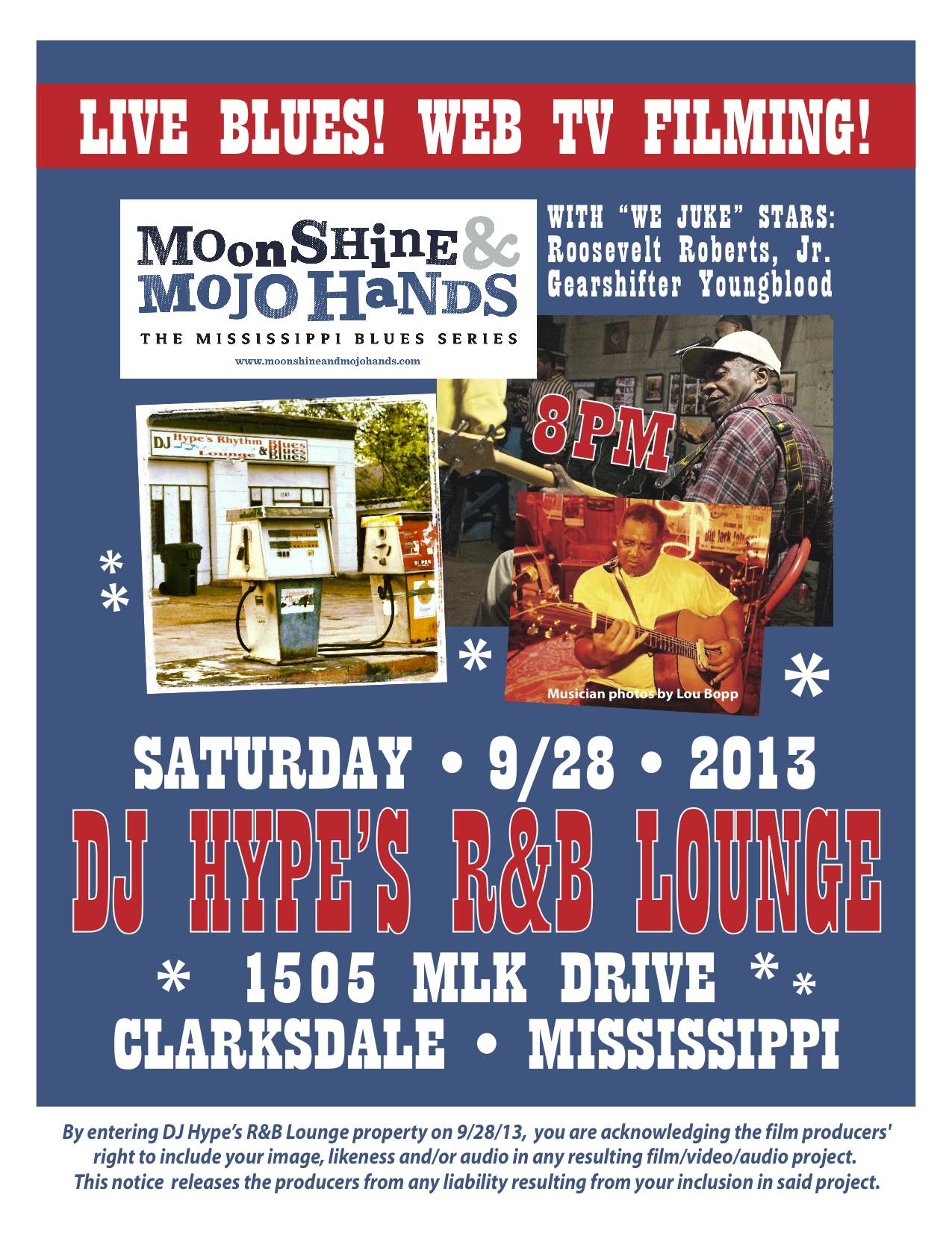 Poster for public filming event at Clarksdale, Mississippi, juke joint for 
