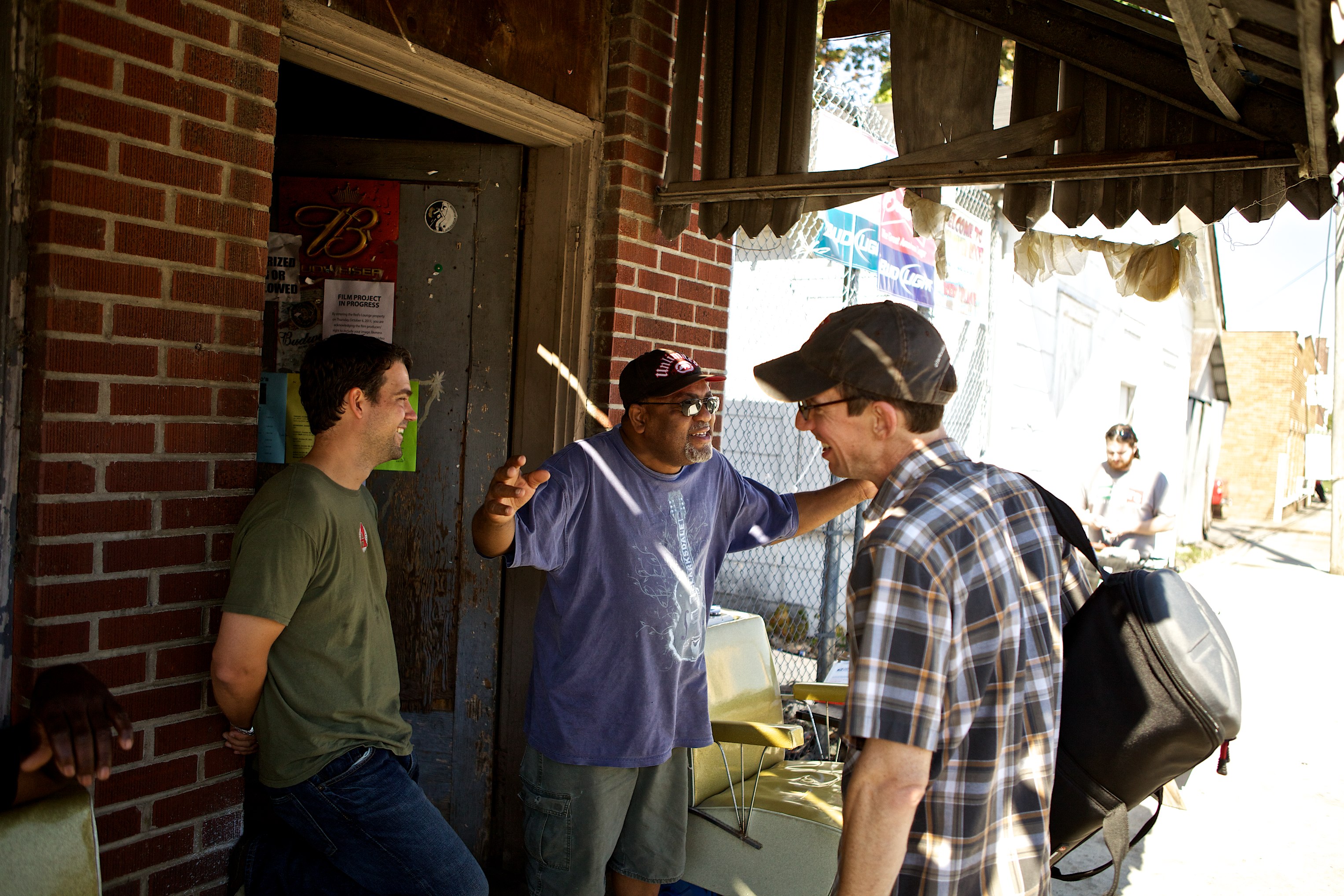 Roger Stolle with Jeff Konkel and juke owner Red Paden during filming of 