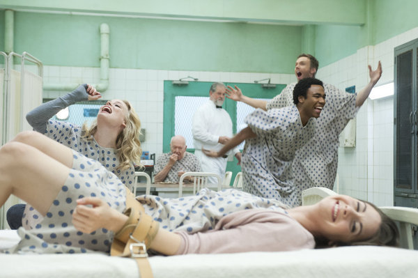 Still of Joel McHale, Alison Brie, Gillian Jacobs and Donald Glover in Community (2009)