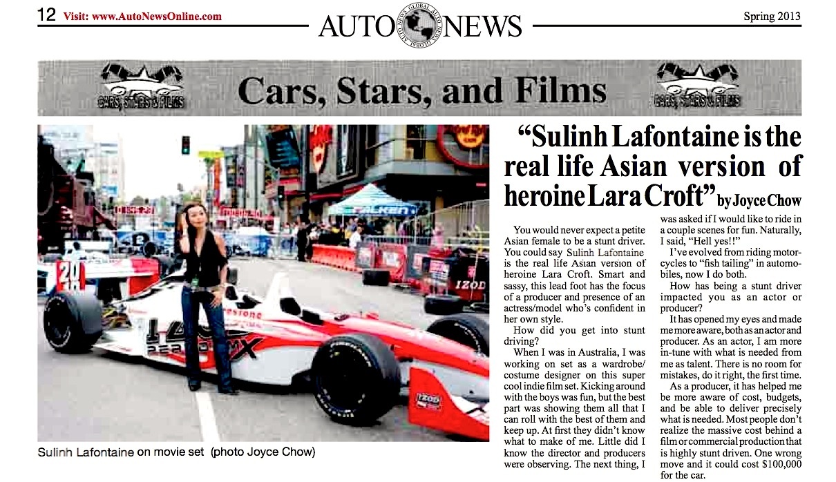 PRESS: Sulinh Lafontaine. Auto Magazine 25th Year Anniv Featured FEMALE STUNT/ PRECISION DRIVER (pg 1 of 3)