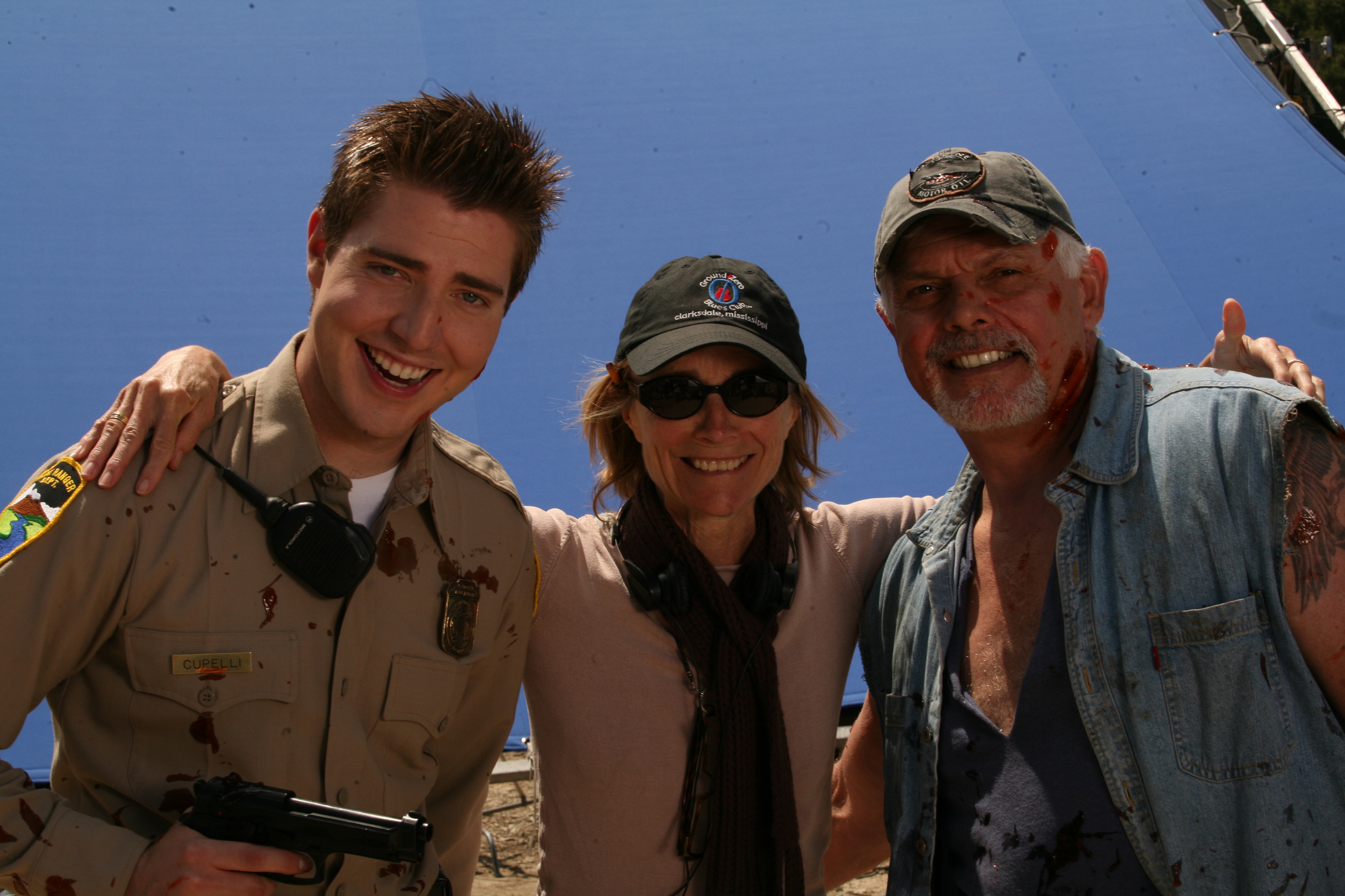 Actor Kevin M. Horton, Director Mary Lambert, and Stunt Coordinator Steve Hart on the set of 