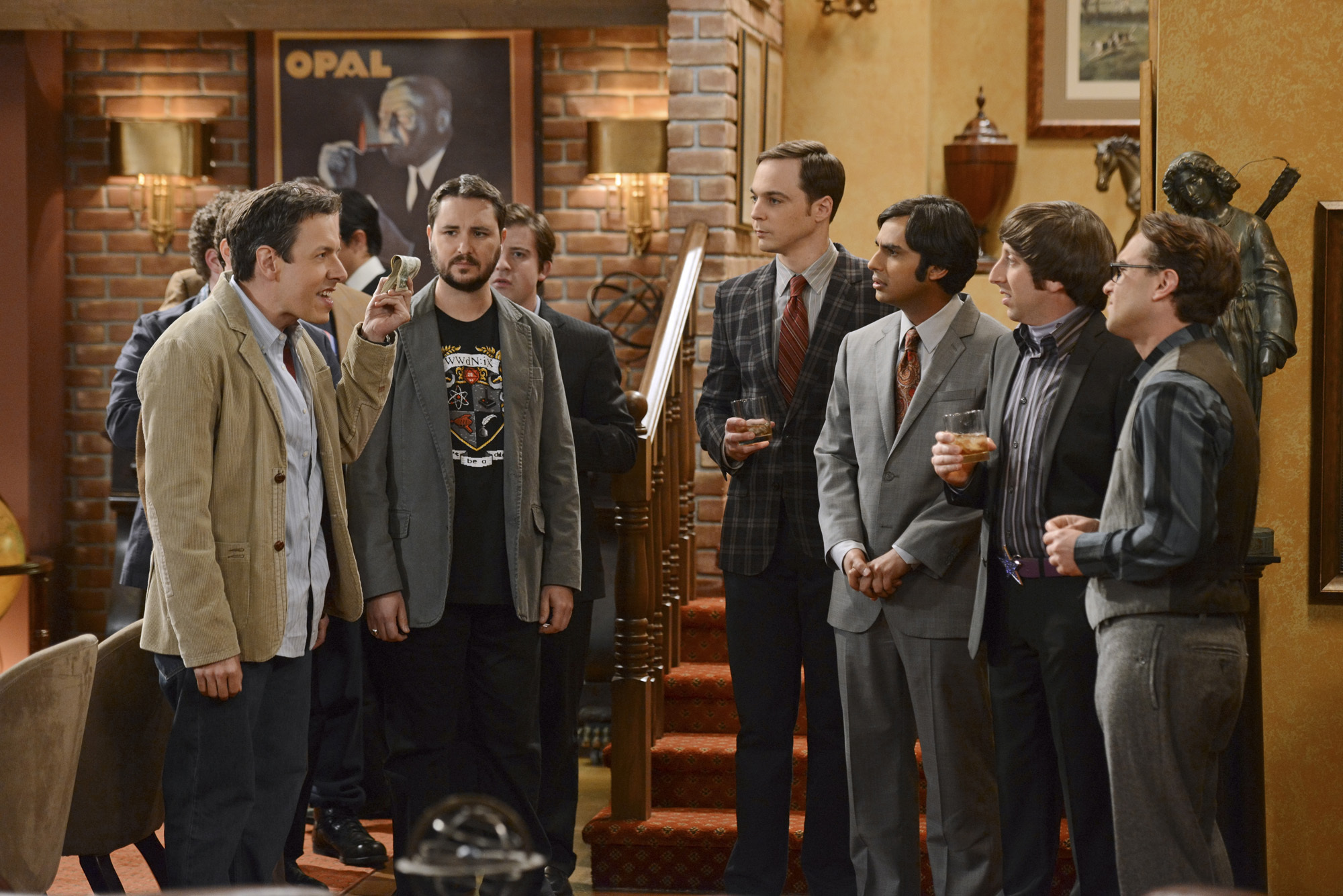 Still of Wil Wheaton, John Ross Bowie, Johnny Galecki, Simon Helberg, Jim Parsons and Kunal Nayyar in Didziojo sprogimo teorija (2007)