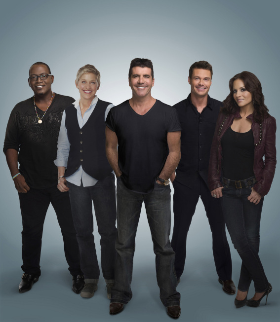 Still of Ellen DeGeneres, Ryan Seacrest, Simon Cowell, Randy Jackson and Kara DioGuardi in American Idol: The Search for a Superstar (2002)