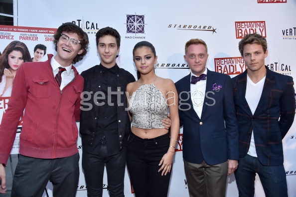 Nat Wolff, Selena Gomez, Tim Garrick & Lachlan Buchanan arrive at the premiere of Behaving Badly in Los Angeles