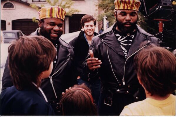Canadian stuntman Christopher D. Amos, father of Michael A. Amos, pictured on set of the T and T series with Mr. T