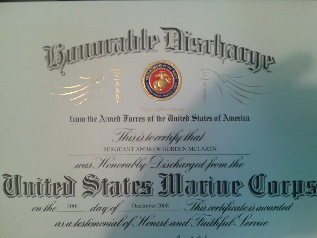 Honorable Discharge certificate Sgt Andrew G. McLaren