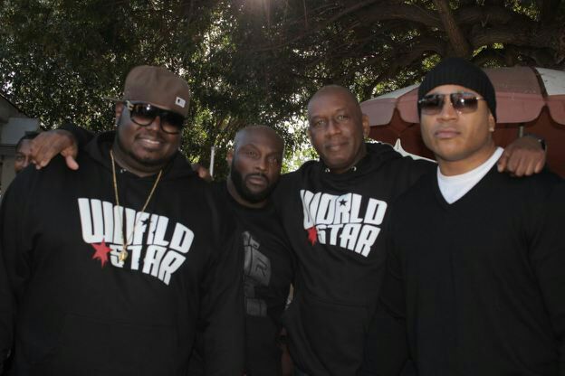 (Left to right)Q (owner of WSHH)Ro Brooks, Dimitri and LL Cool J @ the World Star SkidRow Christmas Giveaway