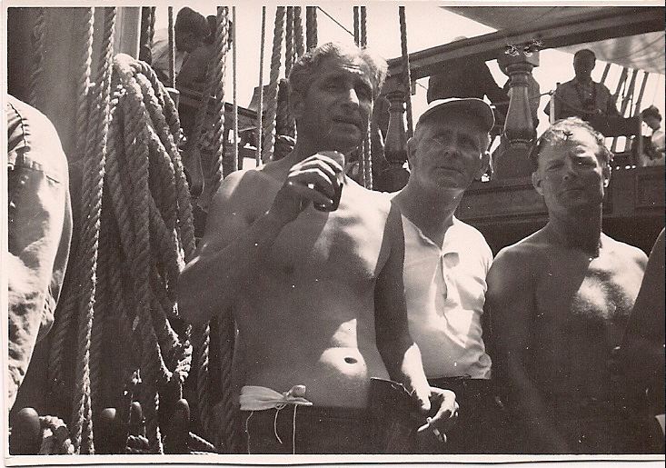 Martin O'Connor with two crew members on Billy Budd.