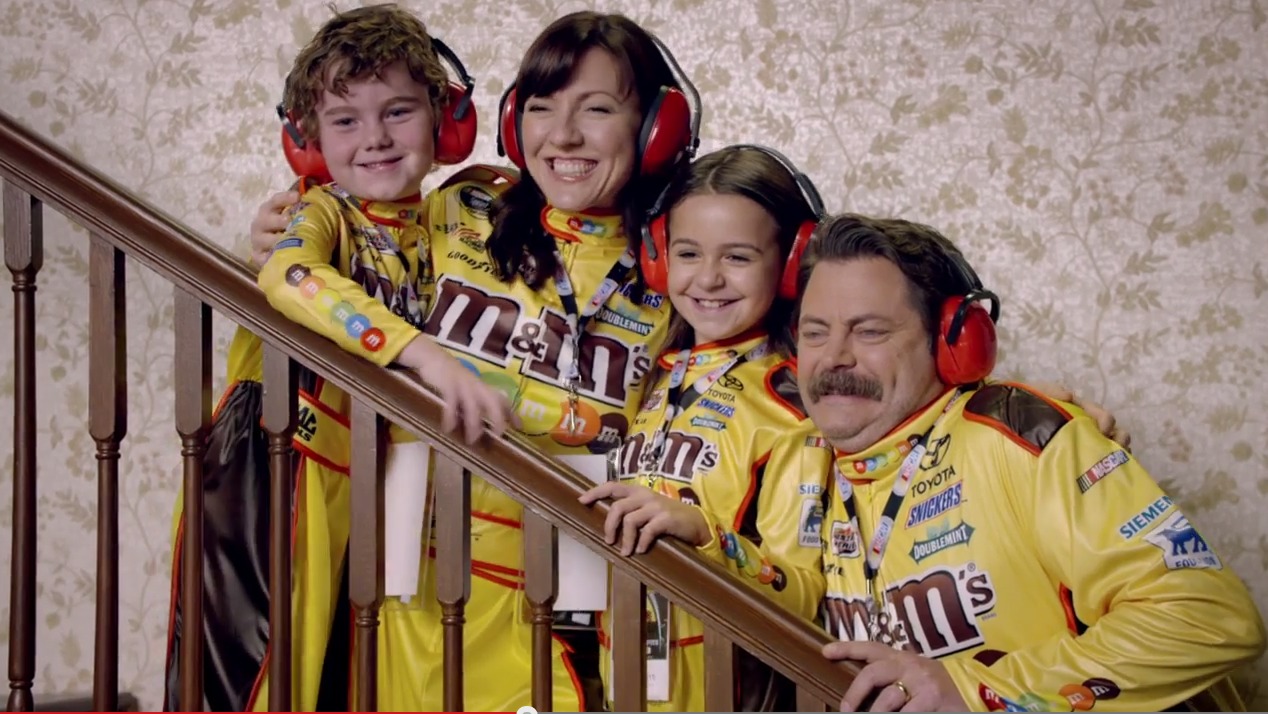 Ava and Nick Offerman on the set of NASCAR for NBC Sports.