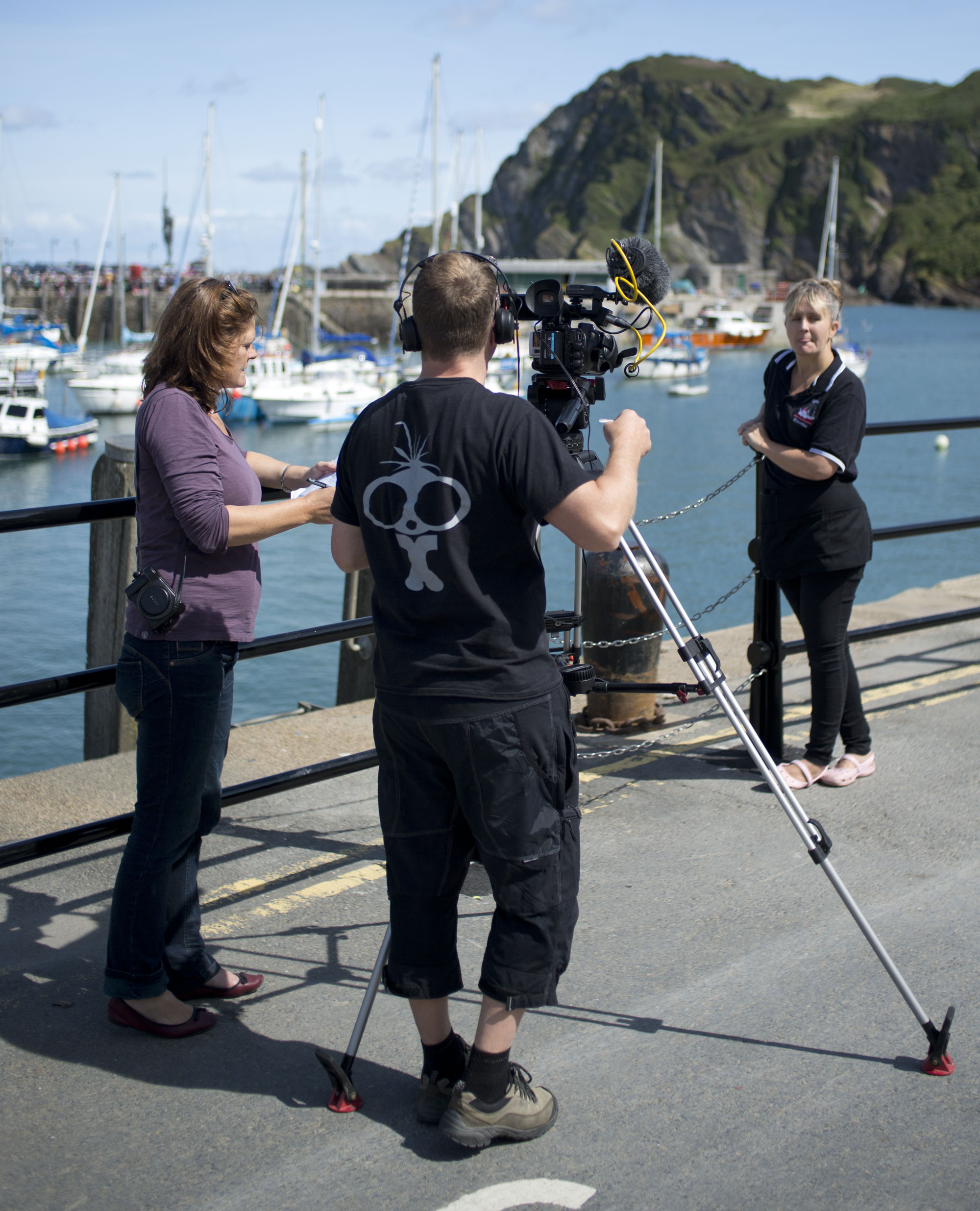 Shooting interviews for Boat Stories with Jo Stewart-Smith and Claire form S&P fish shop in Ilfracombe harbour