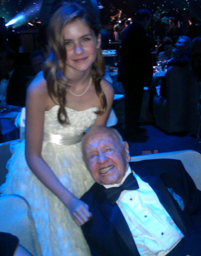 Taylor Ann Thompson with Mickey Rooney (one child star to another) at the 65th Annual Primetime Emmy Awards held at Nokia Theatre L.A. Live on September 22, 2013 in Los Angeles, California.