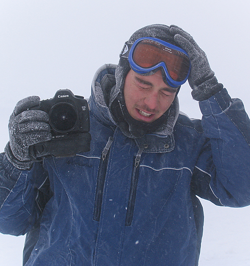 Mike Theiss on the summit of Mt. Washington in extreme blizzard conditions.