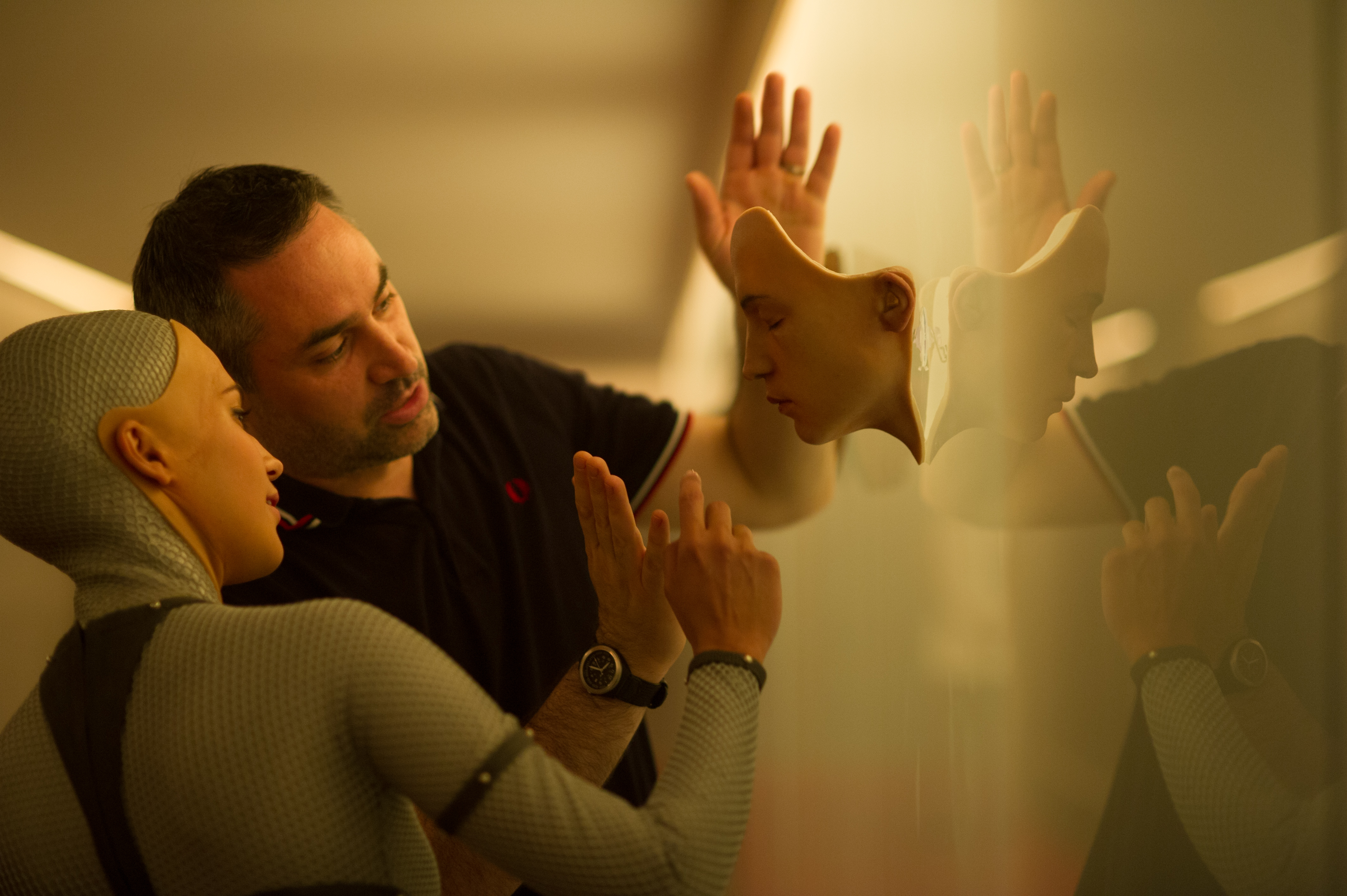 Still of Alex Garland and Alicia Vikander in Ex Machina (2015)