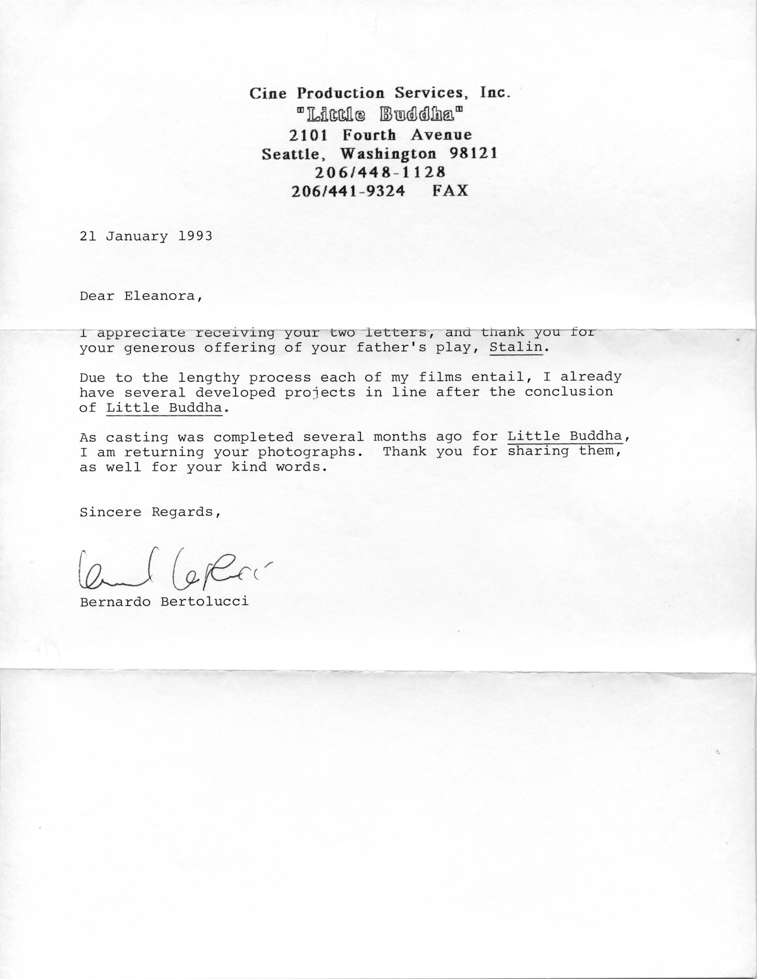 Letter of Consideration from BERNARDO BERTOLUCCI, film director