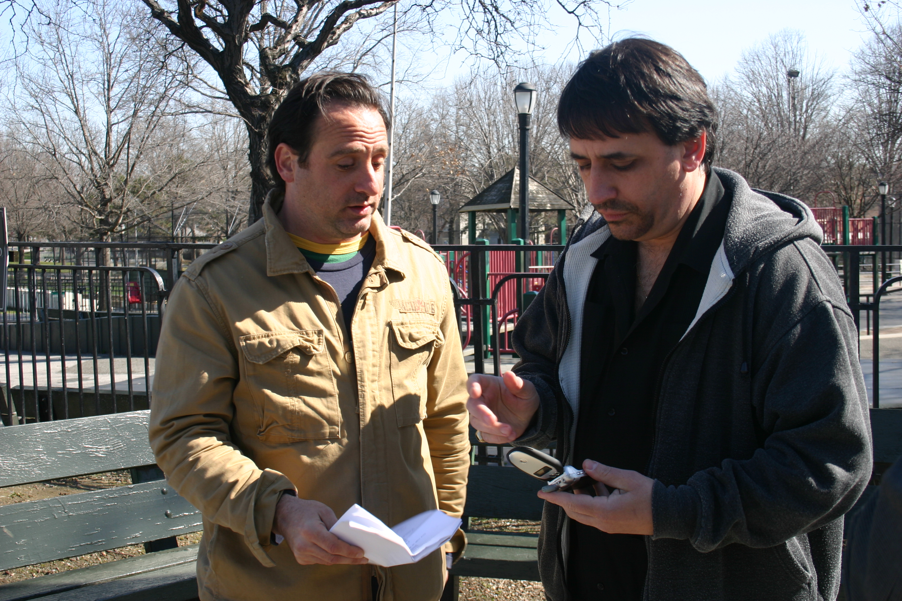 Chris Raffaele, Ist AD, and Joseph Diaz,actor, brushing up on things.