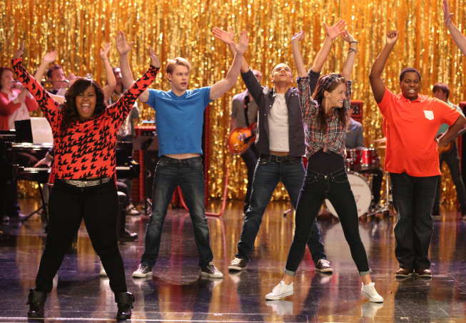 Still of Melissa Benoist, Amber Riley, Chord Overstreet and Jacob Artist in Glee (2009)