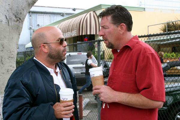 Script talk and coffee time for Lee Arenberg and Rob, sidewalk Beverly Hills