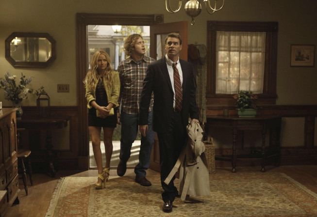 Still of Scott Foley, Becki Newton and T.J. Miller in The Goodwin Games (2013)