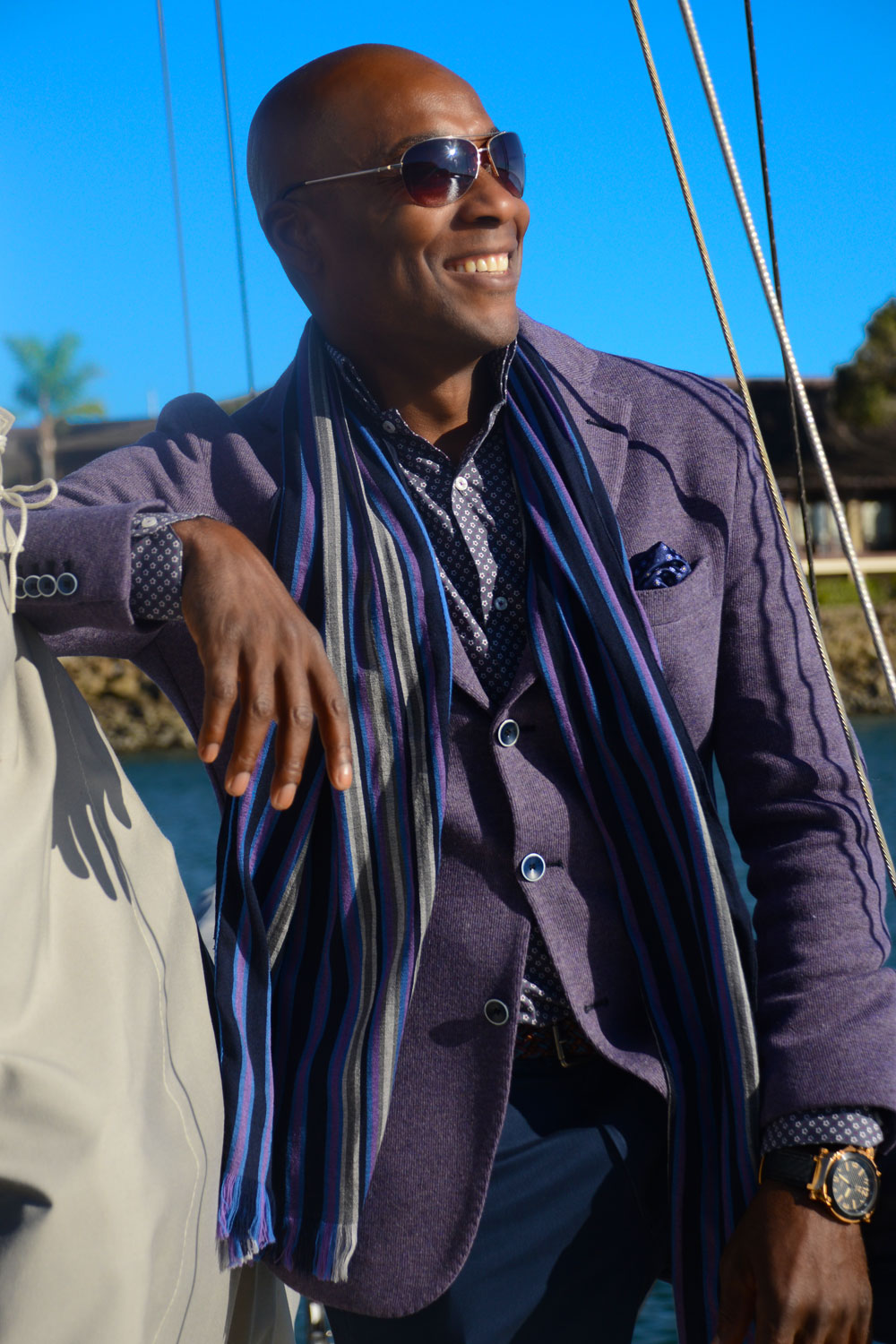 Image of Carlton - dressed in Gemelli clothing, for his featured interview in FVM Global Magazine.